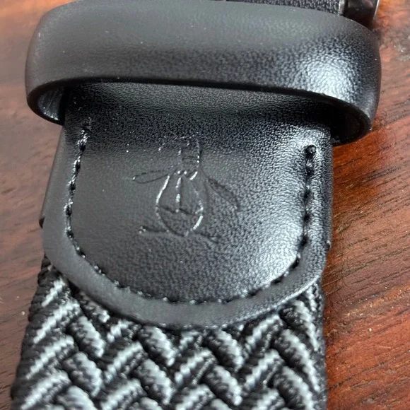 Original Penguin Mens Braided Elastic Web Belt Black Grey Leather Trim HN86103 M - Picture 3 of 5